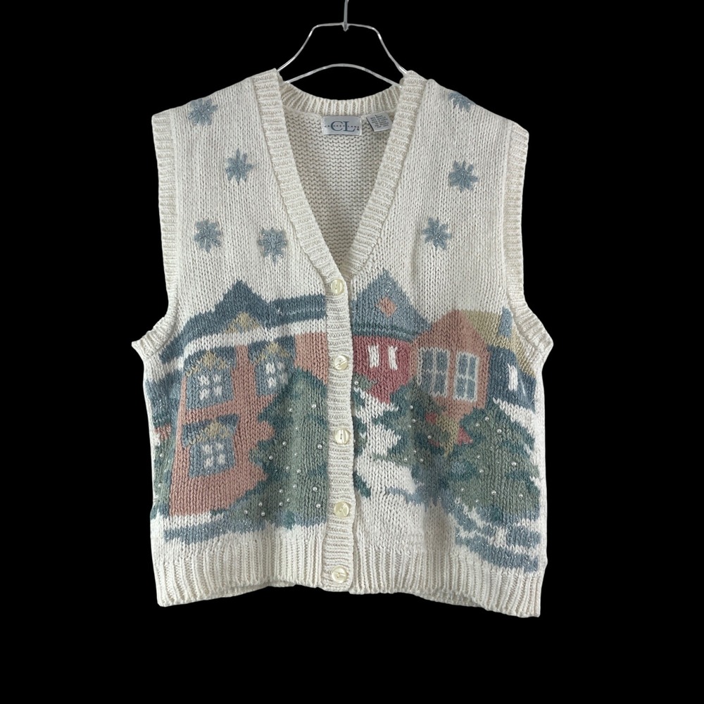 Cricket Lane Vintage Winter Village Knit Sweater Vest Size L Cream Cottagecore